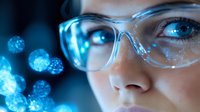 Close up view of protective eyewear with glowing blue bokeh lights reflecting in transparent safety glasses against dark background, modern laboratory research concept.