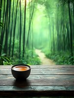 Steaming tea cup on wooden table with serene bamboo forest path background creating peaceful meditation atmosphere for wellness and relaxation concepts.