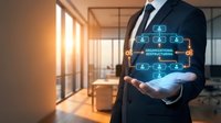 Businessman in dark suit holding glowing organizational structure diagram with connected nodes in modern office with golden sunlight, representing corporate hierarchy and management systems.
