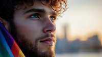 Young man with curly hair and blue eyes gazing thoughtfully at sunset, wearing rainbow flag colors, city skyline silhouette in background, soft golden hour lighting creates atmospheric mood.