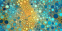 Abstract geometric pattern with golden and turquoise circles in various sizes creating modern decorative background for contemporary design projects.