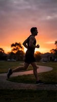 Male athlete jogging at sunset on park path, silhouetted against golden sky. Fitness and outdoor exercise concept for wellness and active lifestyle campaigns.