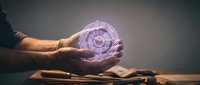 Hands holding glowing purple holographic sphere with digital circuit patterns, futuristic technology concept for innovation, artificial intelligence, and digital transformation projects.