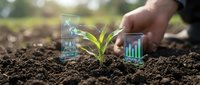 Young green plant seedling emerging from rich dark soil with digital holographic data analytics charts and graphs floating above, representing agricultural technology and smart farming growth.