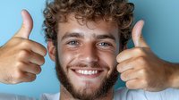Young Caucasian man with curly hair and beard showing thumbs up and bright smile against blue background, expressing positivity and approval.