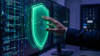 Businessman hand touching glowing green cybersecurity shield hologram in modern data center with digital code matrix background for network protection.