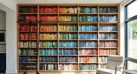 Large wooden bookshelf with colorful books arranged by color creating rainbow pattern in modern home library interior with natural light from window.