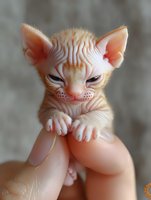 Newborn Sphynx kitten with wrinkled pink skin and distinctive facial features held gently in hands, showing characteristic hairless appearance and delicate paws.