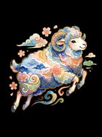 Ornate decorative ram with flowing blue, gold, and coral patterns, isolated on transparent background. Ready for t-shirts, stickers, clipart, sublimation, and print-on-demand designs.