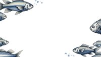 Hand-drawn fish swimming with bubbles creating decorative border frame on white background for seafood restaurant menus and marine themed designs.