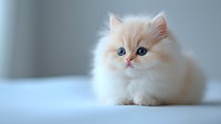 White Persian kitten with blue eyes lying on light surface against blurred background, soft focus portrait of young fluffy cat looking at camera.