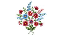 Colorful wildflower bouquet with red pink blue blooms and green leaves tied with ribbon on white background isolated for greeting cards and floral designs.