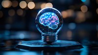 Glowing brain inside light bulb on dark background with bokeh lights, symbolizing innovation, creative thinking and artificial intelligence technology.