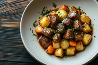 Tender beef stew with potatoes and carrots in rich gravy, garnished with fresh herbs, served in white bowl on wooden table.