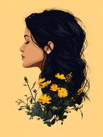 Young Asian woman in profile with long black wavy hair adorned with yellow wildflowers against warm yellow background, eyes closed in serene expression.