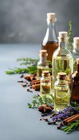 Essential oils in glass bottles with cork stoppers surrounded by fresh herbs, spices and lavender for aromatherapy and natural wellness treatments.