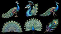 Six colorful peacocks and a feather, isolated on transparent background, ready for stickers, t-shirt design, clipart, sublimation, and print on demand projects.