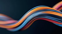Flowing curved lines in orange and blue colors creating dynamic wave pattern against dark background, modern abstract design for technology and motion concepts.