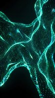 Abstract digital network with glowing turquoise particles and flowing lines on dark background. Suitable for technology, data science, and digital transformation concepts.
