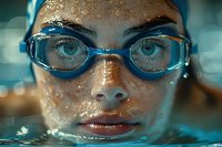 Close up portrait of young female swimmer in blue goggles with water drops on face emerging from pool, showing determination and focus during training session.