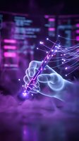 Futuristic hand touching digital network connections with glowing purple light effects in smart city environment for technology presentations.