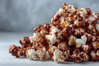 Chocolate-coated popcorn pile on light surface against blurred gray background, sweet and savory snack for movie nights or parties.