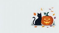 Silhouette of black cat sitting beside carved jack-o-lantern pumpkin with crescent moon, bats, and autumn leaves on isolated white background for Halloween designs and seasonal projects.