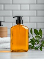 Amber glass pump bottle filled with golden liquid displayed on white countertop with fresh green foliage, white subway tile backdrop, and wooden accessories for spa and wellness product packaging.