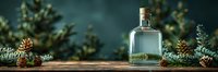Empty glass bottle with cork on wooden surface surrounded by winter holiday decorations, pine branches and cones. Perfect for seasonal beverage or fragrance advertising.