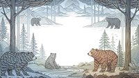 Wild bears in natural forest habitat with mountain landscape background. Hand-drawn wilderness scene showing brown and black bears among pine trees and stream.