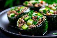 Round zucchini stuffed with seasoned ground meat and fresh herbs served on black plate, close up view. Healthy low carb dinner recipe concept.