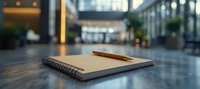 Spiral notebook and golden pen on dark table in modern office lobby with blurred background and bokeh lights creating professional atmosphere.