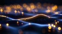 Glowing digital wave pattern with golden bokeh lights on dark background creates futuristic technology visualization for business and science presentations.