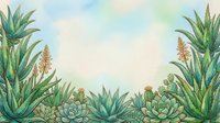 Watercolor botanical illustration featuring agave and succulent plants with warm sky background, ideal for home decor and garden design projects.