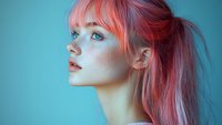 Young woman with vibrant pink hair and freckles in profile view against turquoise background, showcasing natural makeup and ethereal beauty lighting for cosmetic advertising.