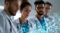 Medical professionals analyzing digital health data visualization with glowing blue network connections and virtual interface in modern hospital setting.