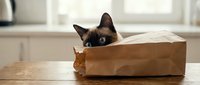 Curious seal point kitten peeking over edge of cardboard box on wooden table in bright home interior, playful pet behavior.
