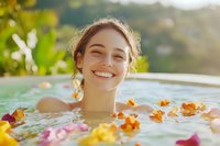 Young Caucasian woman relaxing in outdoor spa pool with floating flower petals, enjoying wellness treatment at sunset with natural backlit glow.