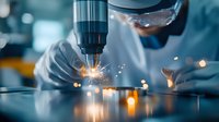 Industrial worker in protective gear operating precision drilling machine with bright sparks flying. Close-up manufacturing process in blue tones shows metalworking detail.