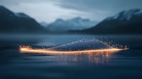 Glowing light trail floating over calm mountain lake at dusk creates magical atmosphere with sparkles reflecting on dark water surface in mystical landscape.