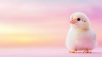 Adorable baby chick on pink and yellow pastel background, soft focus portrait of newborn chicken with fluffy feathers, spring holiday concept.