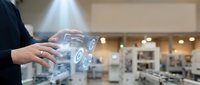 Businessman using holographic digital interface technology in modern office environment for futuristic business solutions and innovation.
