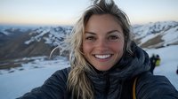 Young Caucasian woman with bright smile wearing winter puffer jacket takes selfie against snowy mountain landscape during sunset, showing authentic joy and adventure spirit.