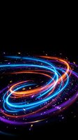 Vibrant neon light trails forming dynamic spiral vortex with glowing particles on black background for digital art and futuristic design projects.
