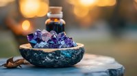 Purple amethyst crystals in stone bowl with essential oil bottle against warm bokeh background, creating mystical wellness atmosphere for spa and meditation.