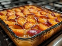 Fresh plums arranged in rows baked in sweet syrup and caramel sauce in glass baking dish, homemade dessert with seasonal fruit on kitchen stove.
