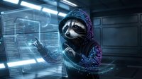 Cyberpunk raccoon hacker in hoodie working with holographic interface in futuristic laboratory for gaming and sci-fi projects.