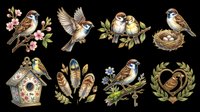 Sparrow clipart set with birds on branches, nest, birdhouse, feathers, and wreath, isolated on transparent background, ready for stickers, t-shirt design, and print on demand.