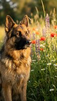 German shepherd dog sitting in wildflower meadow during golden hour sunset with colorful blooms and warm natural lighting for pet photography concepts.