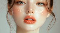 Young Asian woman with glowing skin, coral orange lipstick, and natural makeup look against light background. Close-up beauty portrait highlighting dewy complexion and modern cosmetics.